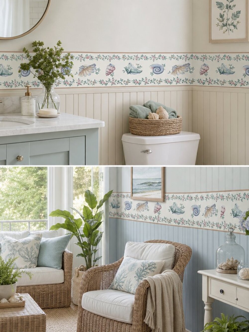 Vintage Coastal Seashell Wallpaper Border –4 Rolls (1 Open) – Pastel Beach Des